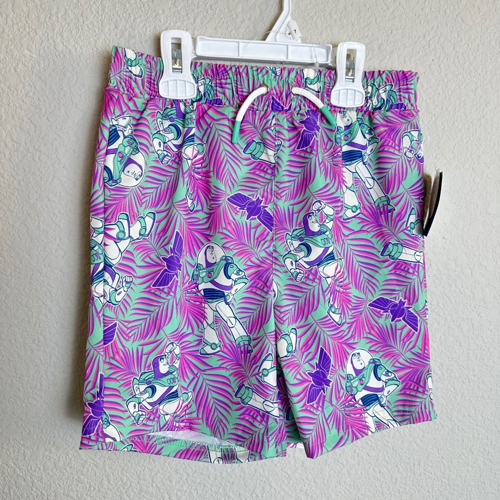 Disney Toy Story Buzz Lightyear Kids Swim Trunks Tropical Palm UPF 50 Size 7 NEW